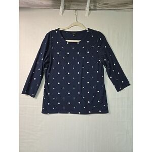 Talbots Women's S Crewneck 3/4 Sleeve Navy Polka Dot Silver T Shirt Top‎ Cotton